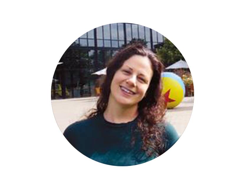 Portrait of Angela Mistretta in fornt of the Pixar Headquarters in California